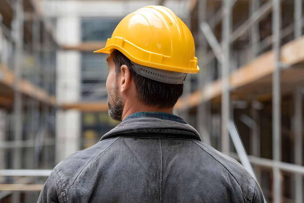 a construction worker in a hard hat poses in front of scaffolding
